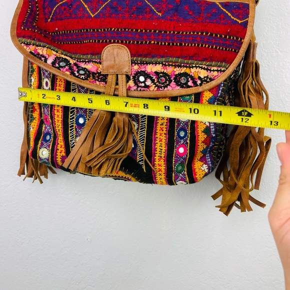 Brown Leather Fringe BOHO Embroidered Western Pattern Crossbody Flap Bag - Picture 4 of 15